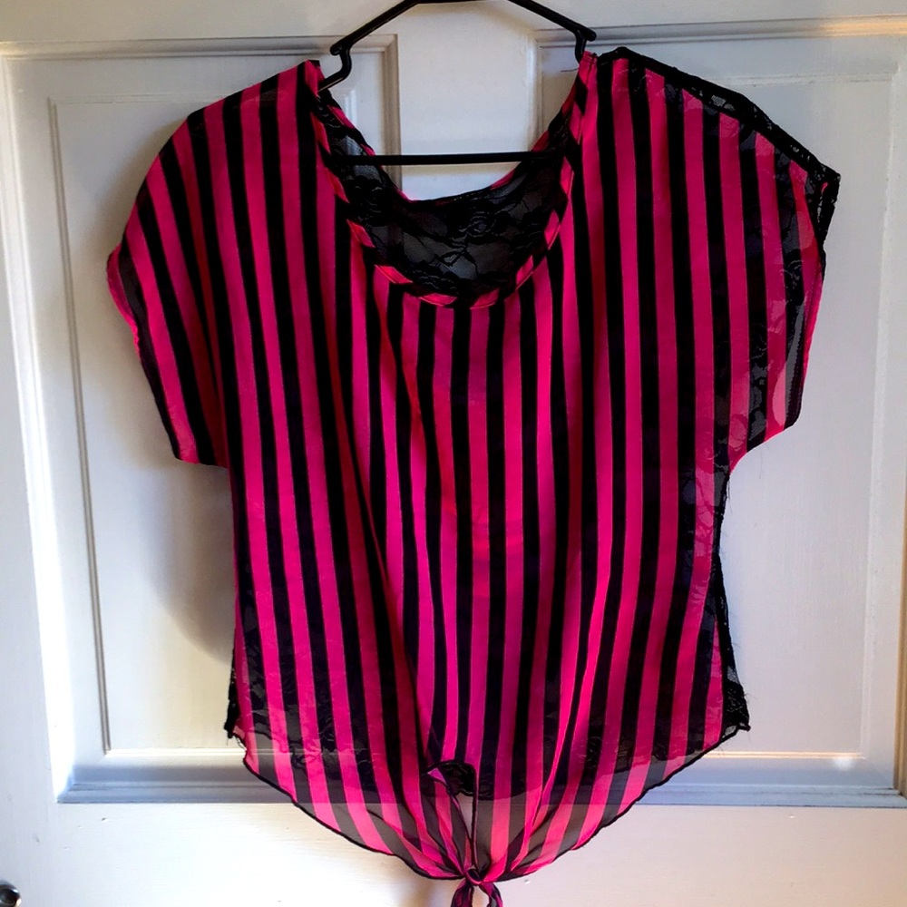 Black and Pink striped lace blouse Size L